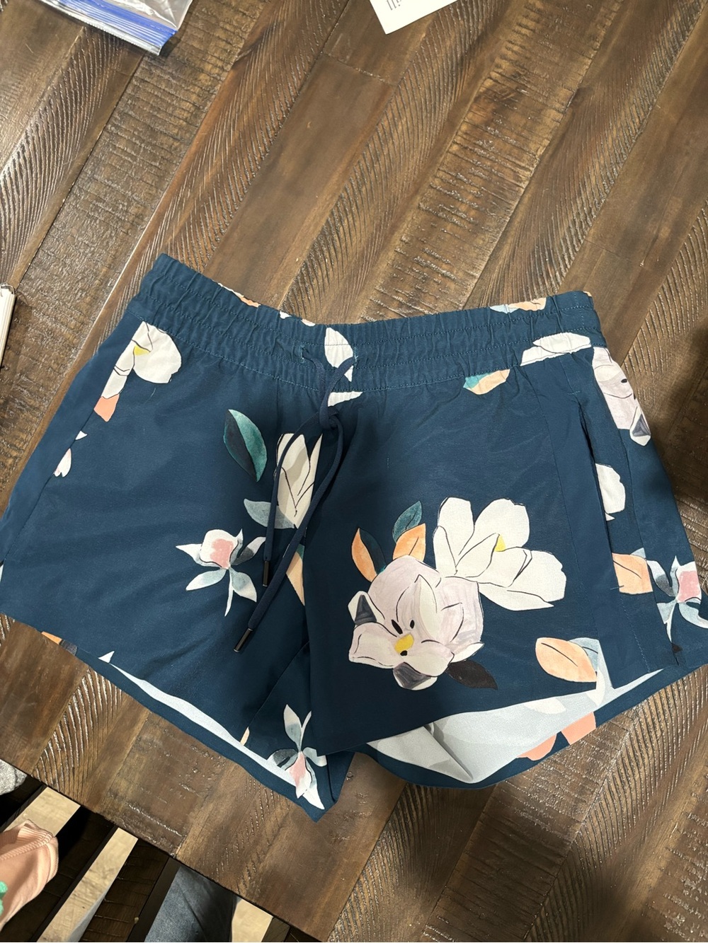 Athleta Floral Drawstring Athletic Shorts - Navy with Cream & Pink Accents